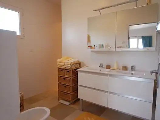 Privé inloopbadkamer 1 bij slaapkamer 1 met toilet, bidet, dubbele wastafel en inloopdouche