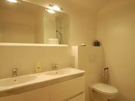 Badkamer 3 in de torenkamer met douche, toilet en dubbele wastafel
